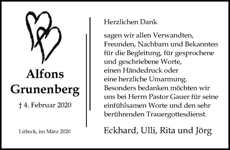  Traueranzeige für Alfons Grunenberg vom 01.03.2020 aus Lübecker Nachrichten