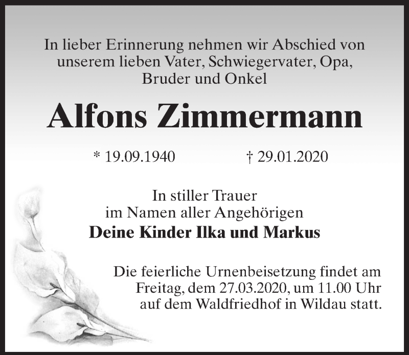  Traueranzeige für Alfons Zimmermann vom 14.03.2020 aus Märkischen Allgemeine Zeitung