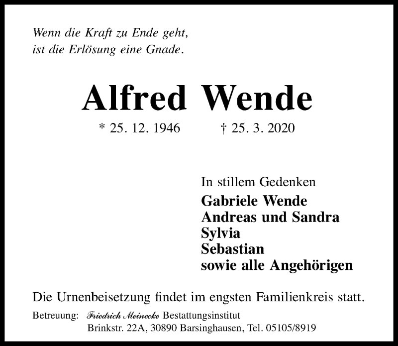  Traueranzeige für Alfred Wende vom 28.03.2020 aus Hannoversche Allgemeine Zeitung/Neue Presse