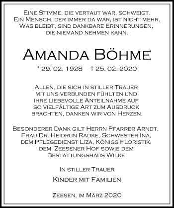 Traueranzeige von Amandia Böhme von Märkischen Allgemeine Zeitung