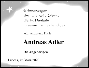 Traueranzeige von Andreas Adler von Lübecker Nachrichten