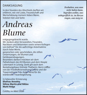 Traueranzeige von Andreas Blume von Leipziger Volkszeitung