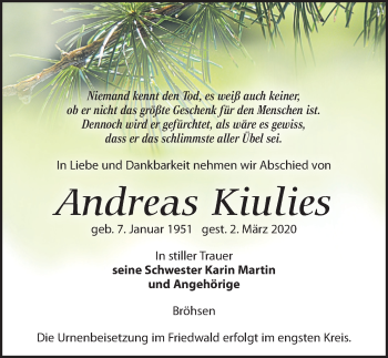 Traueranzeigen von Andreas Kiulies | trauer-anzeigen.de