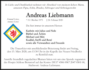 Traueranzeige von Andreas Liebmann von Lübecker Nachrichten