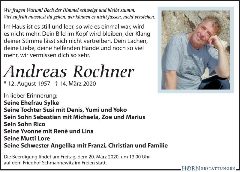 Traueranzeige für Andreas Rochner vom 18.03.2020 aus Leipziger Volkszeitung
