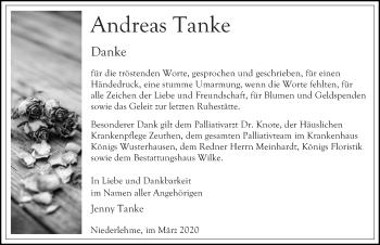 Traueranzeige von Andreas Tanke von Märkischen Allgemeine Zeitung