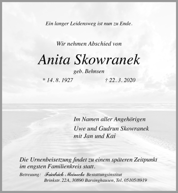 Traueranzeige von Anita Skowranek von Hannoversche Allgemeine Zeitung/Neue Presse