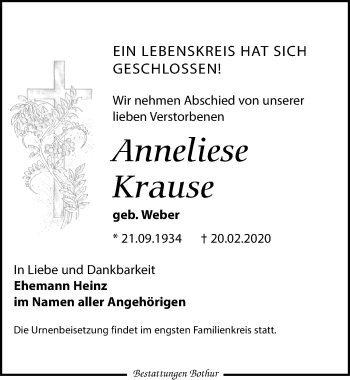 Traueranzeige von Anneliese Krause von Leipziger Volkszeitung