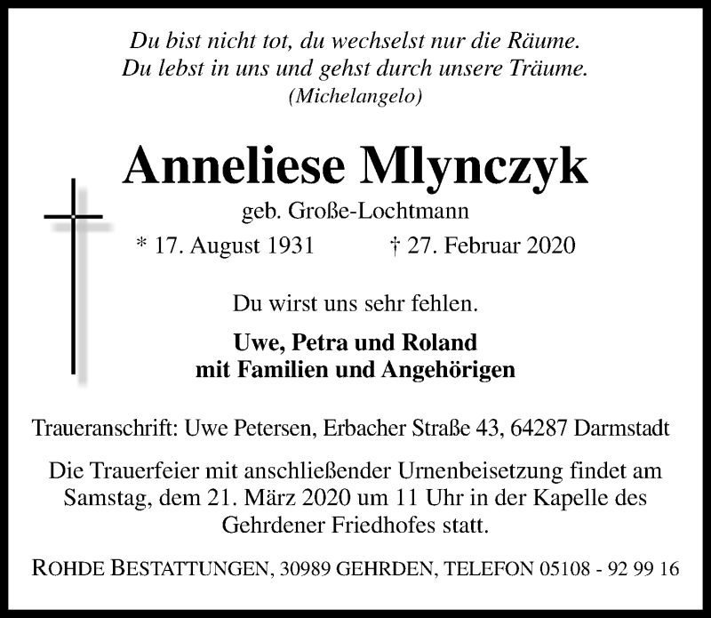  Traueranzeige für Anneliese Mlynczyk vom 14.03.2020 aus Hannoversche Allgemeine Zeitung/Neue Presse