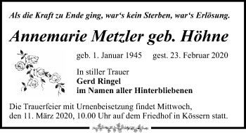 Traueranzeige von Annemarie Metzler von Leipziger Volkszeitung