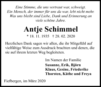 Traueranzeige von Antje Schimmel von Kieler Nachrichten