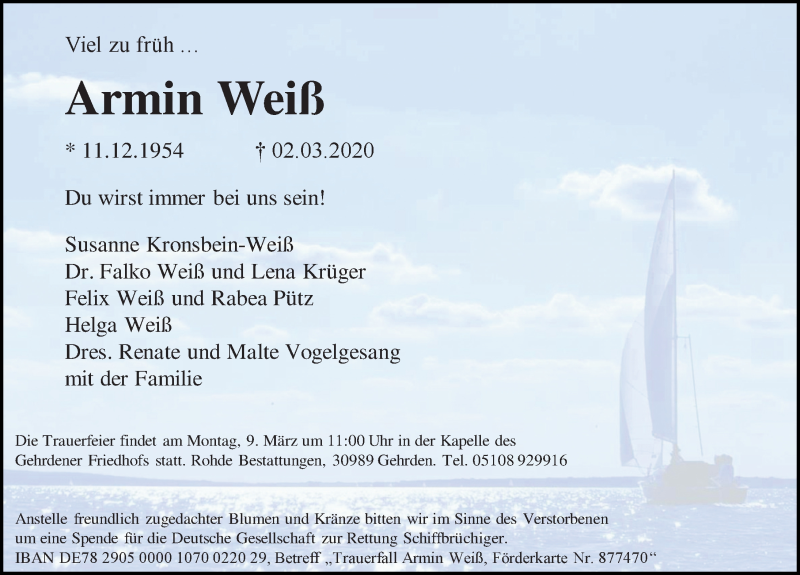  Traueranzeige für Armin Weiß vom 07.03.2020 aus Hannoversche Allgemeine Zeitung/Neue Presse