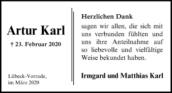 Traueranzeige von Artur Karl von Lübecker Nachrichten