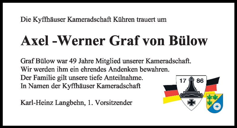  Traueranzeige für Axel-Werner Hans Friedrich Graf  von Bülow vom 28.03.2020 aus Kieler Nachrichten