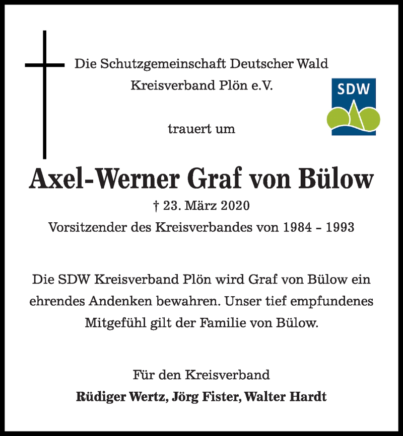  Traueranzeige für Axel-Werner Hans Friedrich Graf  von Bülow vom 28.03.2020 aus Kieler Nachrichten