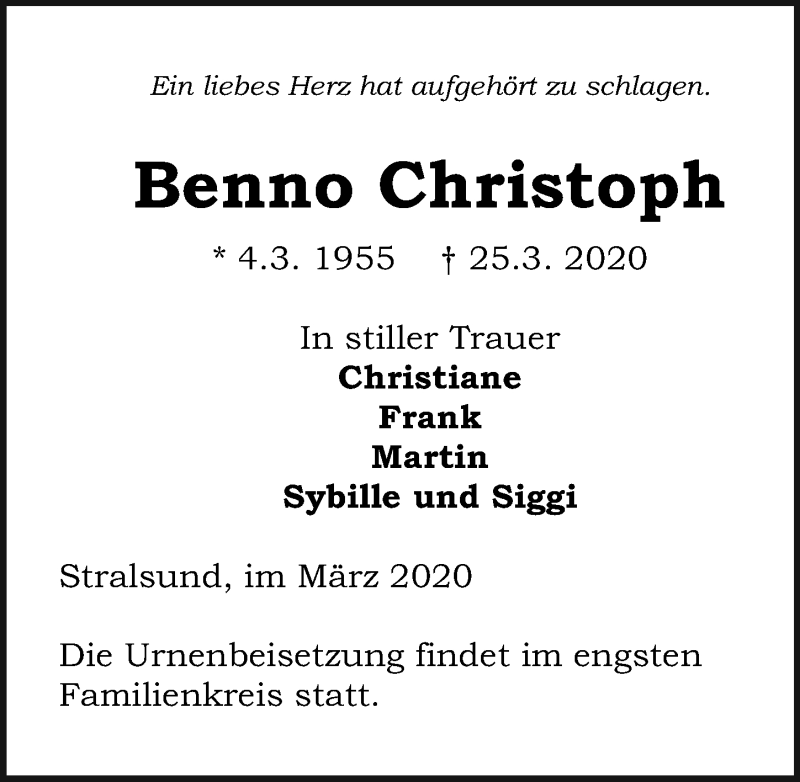  Traueranzeige für Benno Christoph vom 28.03.2020 aus Ostsee-Zeitung GmbH