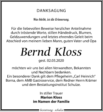 Traueranzeige von Bernd Kloss von Leipziger Volkszeitung