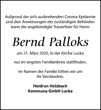 Traueranzeige von Bernd Palloks von Leipziger Volkszeitung