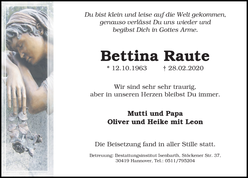  Traueranzeige für Bettina Raute vom 14.03.2020 aus Hannoversche Allgemeine Zeitung/Neue Presse