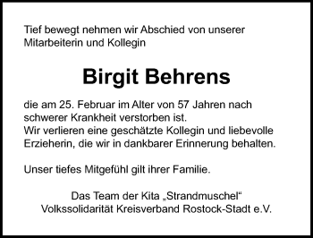 Traueranzeige von Birgit Behrens von Ostsee-Zeitung GmbH
