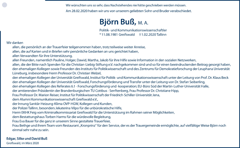 Traueranzeige für Björn Buß vom 21.03.2020 aus Ostsee-Zeitung GmbH