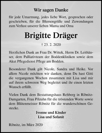 Traueranzeige von Brigitte Dräger von Ostsee-Zeitung GmbH