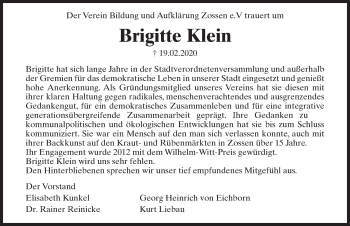 Traueranzeige von Brigitte Klein von Märkischen Allgemeine Zeitung