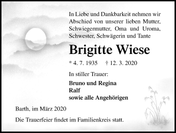 Traueranzeige von Brigitte Wiese von Ostsee-Zeitung GmbH