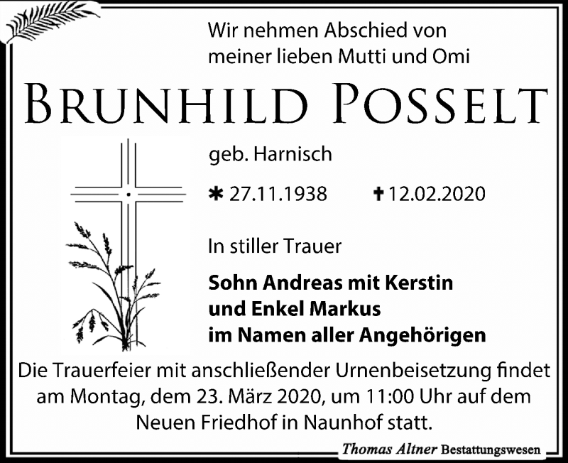  Traueranzeige für Brunhild Posselt vom 14.03.2020 aus Leipziger Volkszeitung