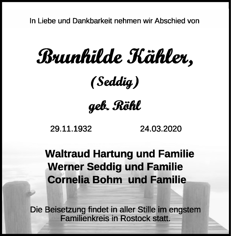  Traueranzeige für Brunhilde Kähler vom 28.03.2020 aus Ostsee-Zeitung GmbH