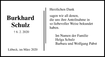 Traueranzeige von Burkhard Schulz von Lübecker Nachrichten