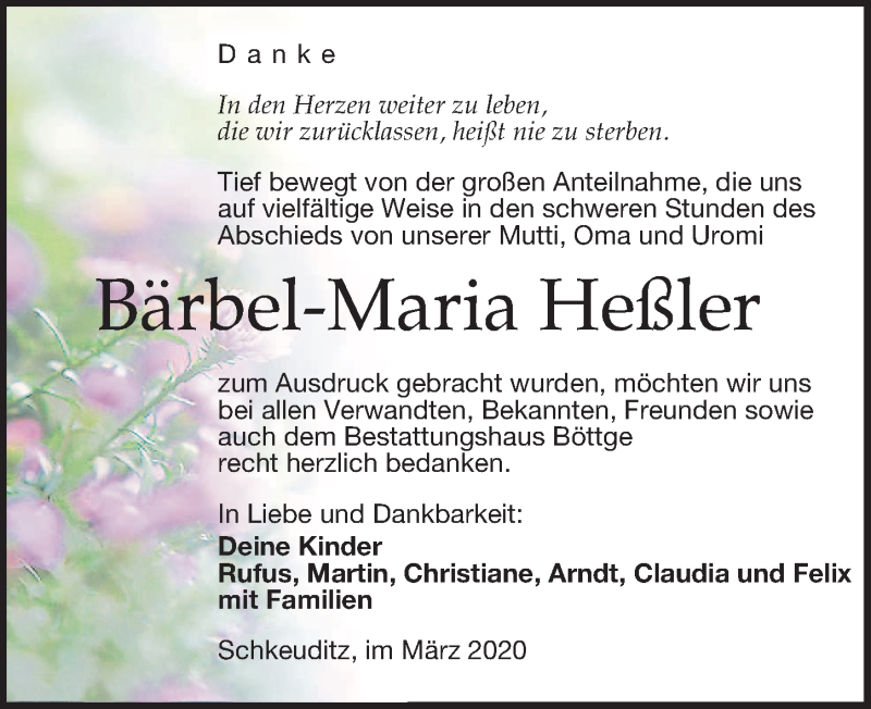  Traueranzeige für Bärbel-Maria Heßler vom 07.03.2020 aus Leipziger Volkszeitung
