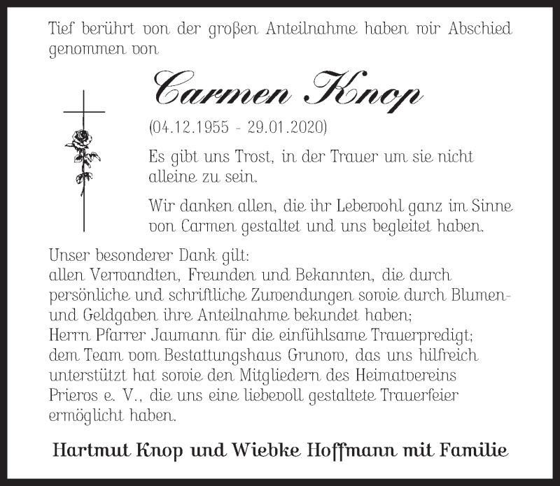  Traueranzeige für Carmen Knop vom 07.03.2020 aus Märkischen Allgemeine Zeitung