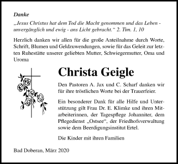 Traueranzeige von Christa Geigle von Ostsee-Zeitung GmbH