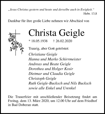 Traueranzeige von Christa Geigle von Ostsee-Zeitung GmbH