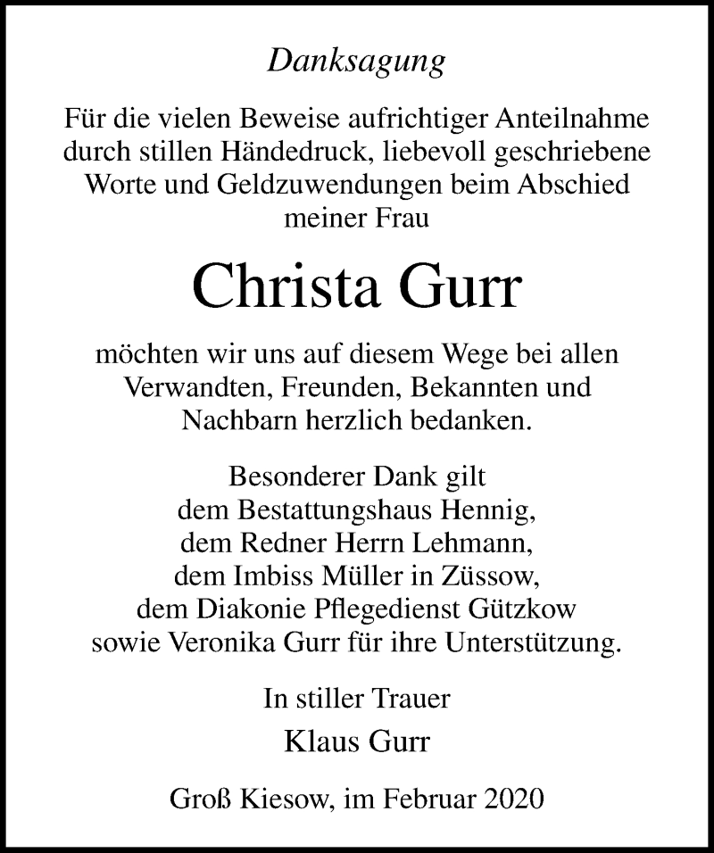  Traueranzeige für Christa Gurr vom 07.03.2020 aus Ostsee-Zeitung GmbH