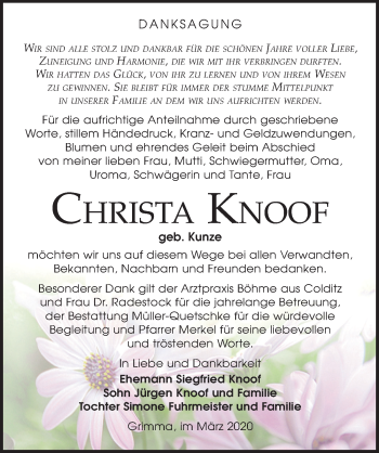 Traueranzeige von Christa Knoof von Leipziger Volkszeitung