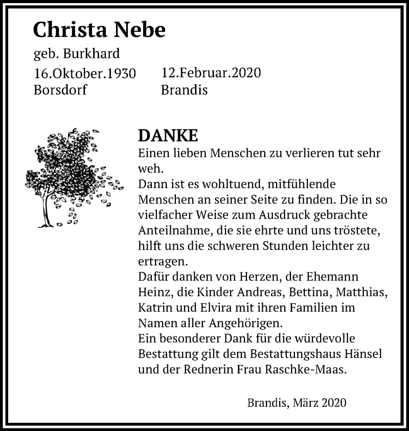  Traueranzeige für Christa Nebe vom 28.03.2020 aus Leipziger Volkszeitung