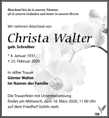 Traueranzeige von Christa Walter von Leipziger Volkszeitung