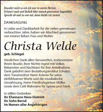 Traueranzeige von Christa Welde von Leipziger Volkszeitung