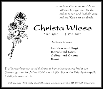 Traueranzeige von Christa Wiese von Göttinger Tageblatt