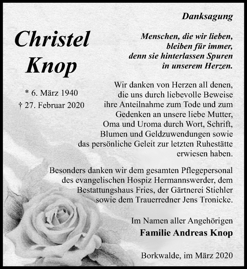  Traueranzeige für Christel Knop vom 28.03.2020 aus Märkischen Allgemeine Zeitung