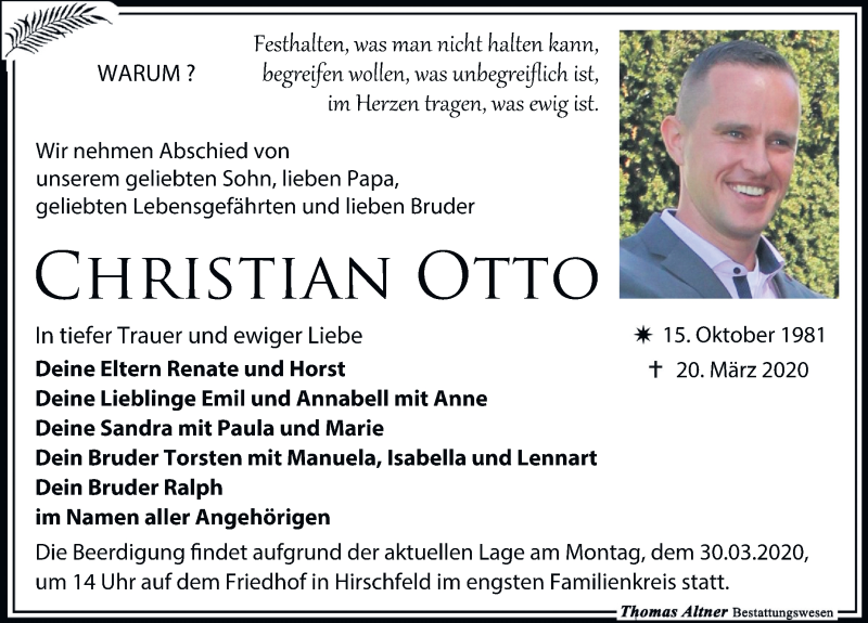  Traueranzeige für Christian Otto vom 25.03.2020 aus Leipziger Volkszeitung