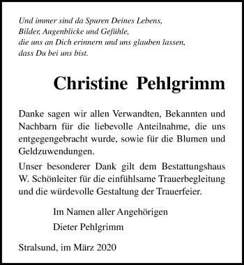 Traueranzeige von Christine Pehlgrimm von Ostsee-Zeitung GmbH