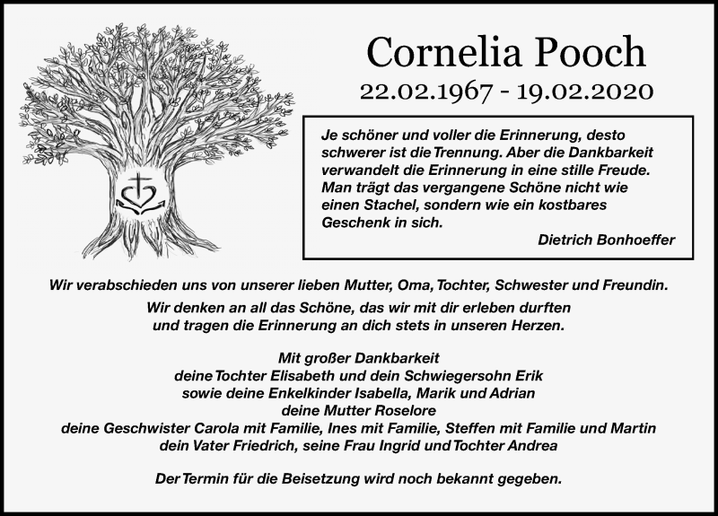  Traueranzeige für Cornelia Pooch vom 07.03.2020 aus Ostsee-Zeitung GmbH