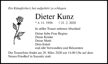 Traueranzeige von Dieter Kunz von Ostsee-Zeitung GmbH