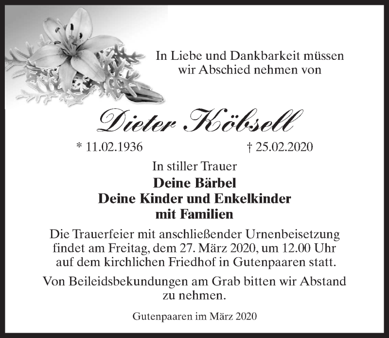  Traueranzeige für Dieter Köbsell vom 14.03.2020 aus Märkischen Allgemeine Zeitung
