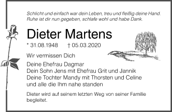 Traueranzeige von Dieter Martens von Ostsee-Zeitung GmbH