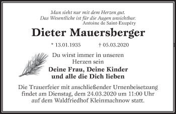 Traueranzeige von Dieter Mauersberger von Märkischen Allgemeine Zeitung