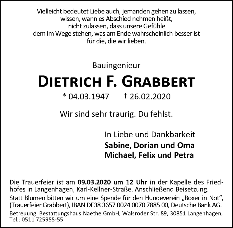  Traueranzeige für Dietrich F. Grabbert vom 04.03.2020 aus Hannoversche Allgemeine Zeitung/Neue Presse